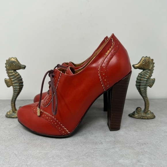 FSJ Shoes - FSJ Reddish Brown/Gold Oxford Retro Vintage Vibe High Heels 8.5